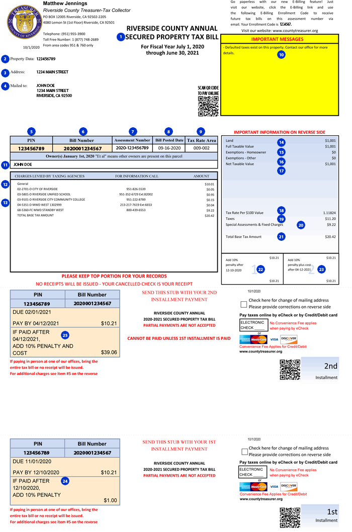Current Secured tax bill sample | Office of the Treasurer-Tax Collector ...